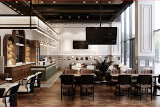 optimize 3d classic restaurant,furniture layout, cafeteria shop,lounge,8k render
