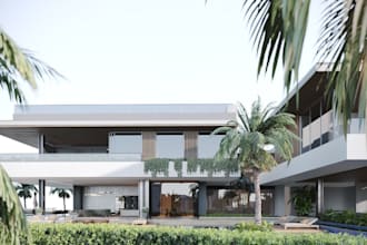 optimize 3d modern villa, facade exterior, pool patio, garden render, backyard