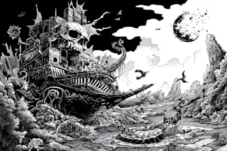 draw fantastic detailed black and white illustrations