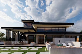 redesign luxury villa,exterior landscape,pool design,cgi render,bancoly,car park