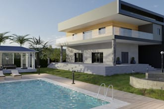 redesign 3d house villa,frontyard, garden render, swimming pool,patio,playground