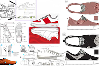 make sneaker fashion tech pack shoe, bag flat sketches 3d sneaker design mockup