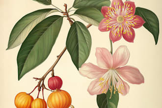 do botanical illustrations of flowers, plants, fruits