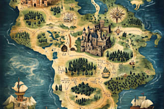 do hand drawn fantasy map illustration,dnd,world map,
