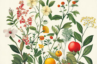 do botanical illustration of flowers, plants, and fruits