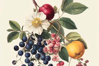 make a botanical illustration of flowers, plants, fruits