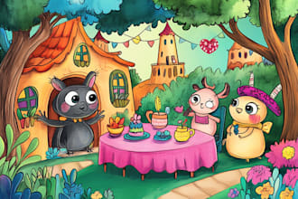 draw colorfull children story book illustrations and coloring books