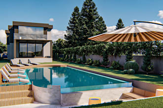 craft 3d exterior villa, chat pit pool and landscape design,patio,yard render,d5
