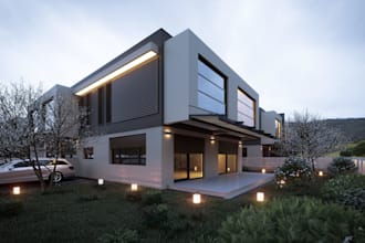 flats design,commercial spaces,golf simulator,villa exterior,pool, cgi landscape