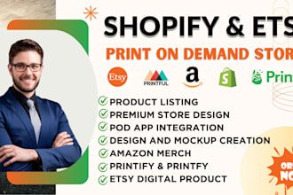 set up print on demand shopify store printify printful etsy amazon merch t shirt