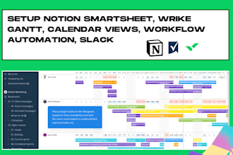 setup notion smartsheet, wrike gantt, calendar views, workflow automation, slack