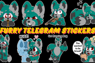 draw furry telegram stickers pack, furry animated GIF, fursona reference sheet