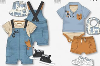create kidswear tech pack seamless pattern design flat sketch babies wear