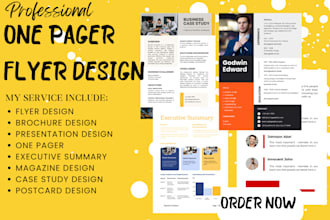 design one pager executive summary, business flyer, product catalog, sell sheet