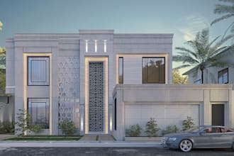 design elegant exterior render, architectural visualization, lighting, 3d villa