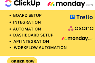 setup workflow automate clickup monday com asana trello integrate make com n8n