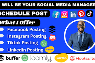 be your social media manager, schedule post on buffer, hootsuite, loomly, later