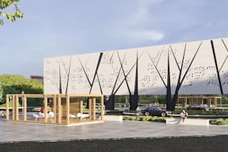 stunning office building exterior design, facade, entrance, landscape, rendering