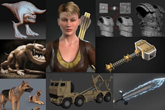3d npc character dog monster sword amor vehicle buildings game asset creation