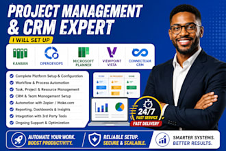 set up kanban, opendevops, microsoft planner, and viewpoint vista connecteam crm