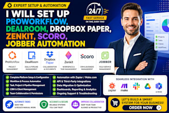 set up proworkflow, dealroom, dropbox paper, zenkit, scoro, jobber automation