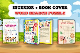 create word search puzzle, kids activity book, sudoku, math workbook, worksheet