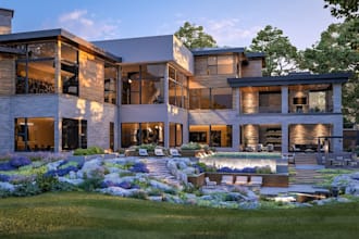 modern exterior realistic render house,villa, office,backyard,resort home design