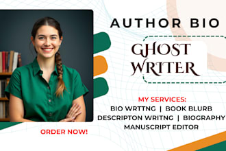 author bio, book blurb description, ghostwrite biography for ebook publishing
