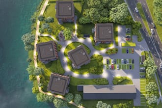 urban lake house rendering,cityscape design,3d sketchup,3d alleys,riverside home