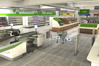 optimize realistic 3d supermarket,shopping mall,grocery store,3ds max, 8k render