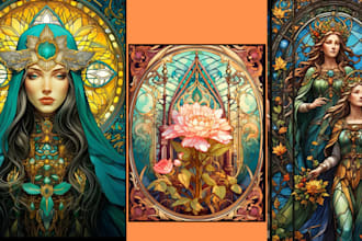 draw custom tarot card design in stained glass art style, dark art illustration