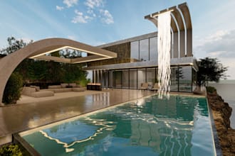 refurbished 3d exterior villa house render,front facade,backyard,pool patio, cgi