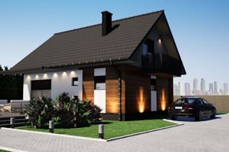 render 3d gable roof apartment,front yard landscape,outdoor patio,twinmotion,cgi