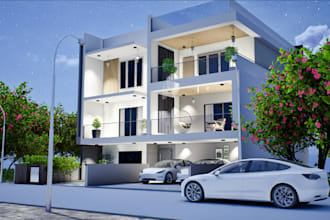 modern villa visualize, day and night rendering, rooftop model, landscape, lobby