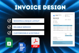 design custom invoice in ms excel ,ms word and PDF and google sheet templates