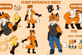 design custom furry reference sheet, fursona character design, furry art and oc