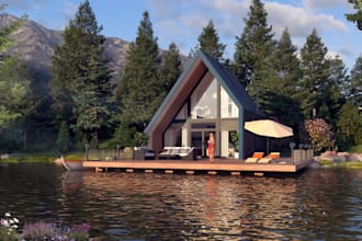 model 3d house on water,realistic ship container interior,cozy bedroom,3d resort