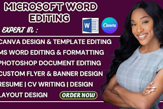do document editing, formatting and design in ms word, photoshop, canva