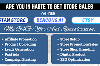 do stan store marketing, beacons ai, digital product upload, set up etsy shop
