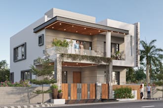 turn 2d plan to 3d bungalow, facade building, ancient renovation, day rendering