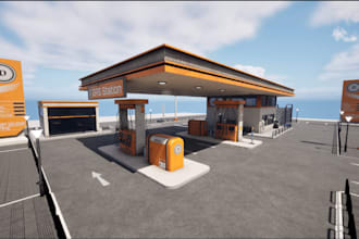 redesign 3d gas station,mini mall,filling station,vr tour,garage vray rendering