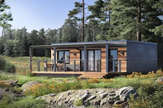 buildup modular house, facade exterior, landscape design,tiny homes, shed render