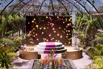 design award stage,exterior environment,palm,tree top walkway,panoramic render