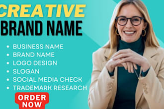 create 10 catchy brand, business, company, product name, slogan with logo design