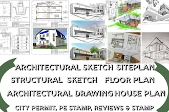 do architectural drawing, architectural sketch, blue print, in autocad and revit