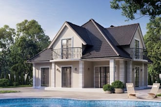 turn 2dfloor plan to cottage house, exterior render,pool design, house elevation