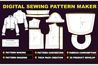 create clothing sewing patterns, digital sewing pattern, pattern grading in PDF