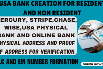 create USA business bank, wise, mercury, stripe, payoneer, usa physical address