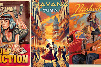 design art deco, vintage, retro, modern travel poster landscape illustration