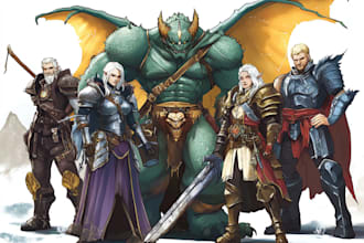 draw a dnd art party character, fantasy, monster, scifi illustration